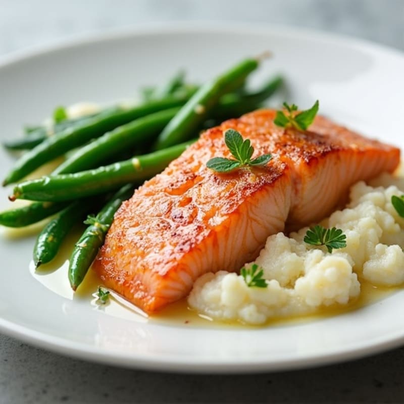 Seared Salmon with Garlicky Green Beans and Cauliflower Mash