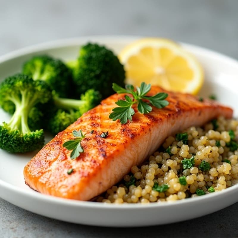 Seared Salmon Fillet with Herb-Quinoa and Steamed Broccoli
