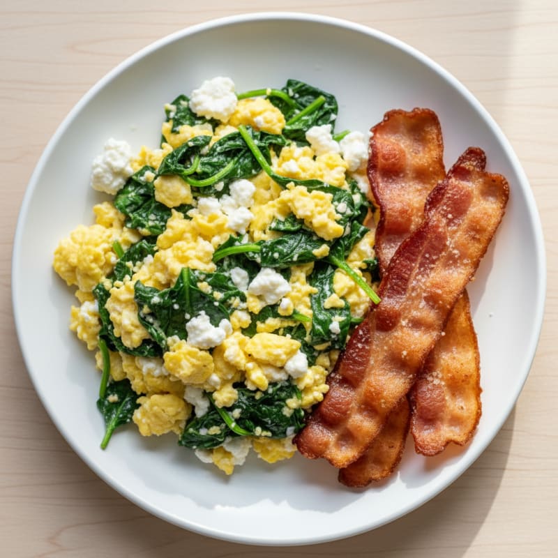 Cottage Cheese and Spinach Egg Scramble with Turkey Bacon