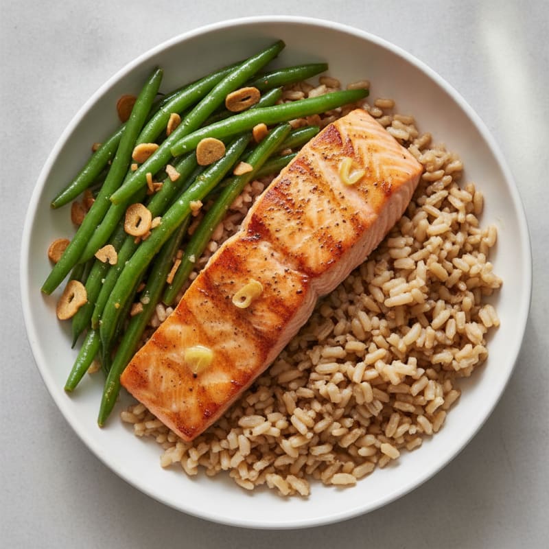 Seared Salmon with Garlic Green Beans and Brown Rice
