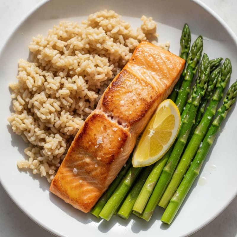 Seared Salmon with Steamed Asparagus and Brown Rice
