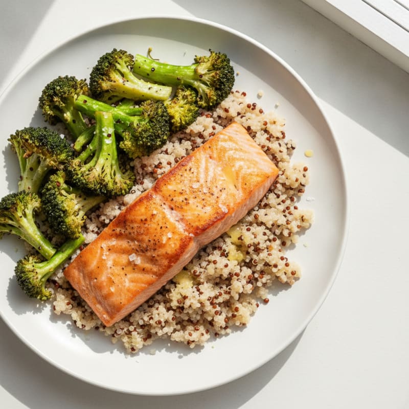 Seared Salmon with Roasted Broccoli and Quinoa