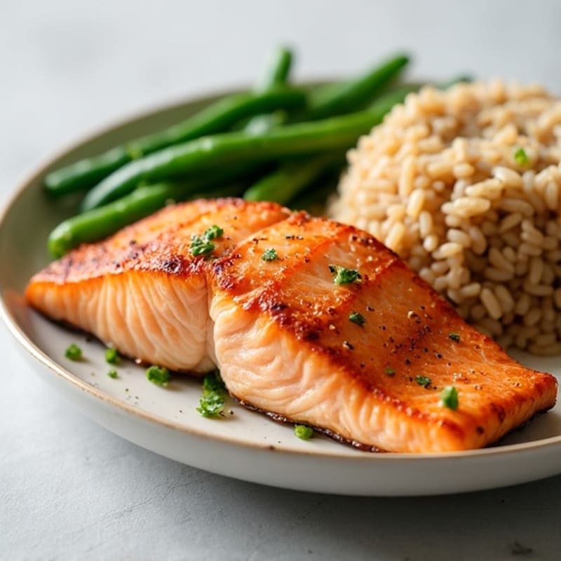Seared Salmon Fillet with Steamed Green Beans and Brown Rice