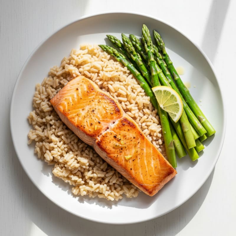 Seared Salmon with Steamed Asparagus and Brown Rice