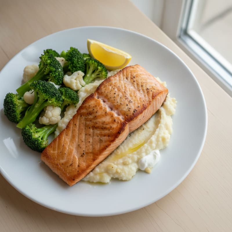 Seared Salmon Fillet with Steamed Broccoli and Cauliflower Mash