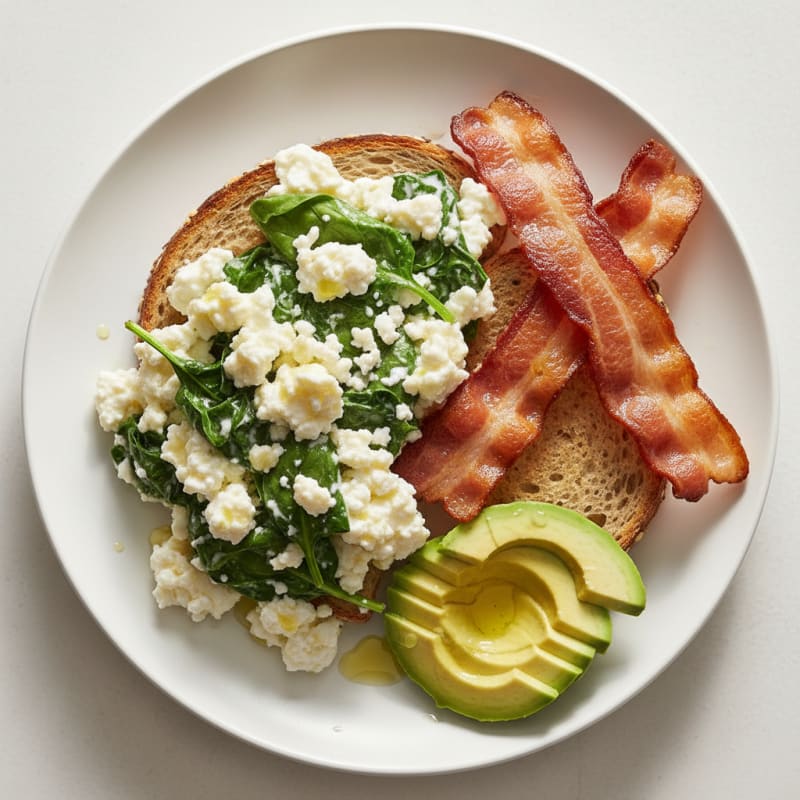 Cottage Cheese Scramble with Spinach and Turkey Bacon