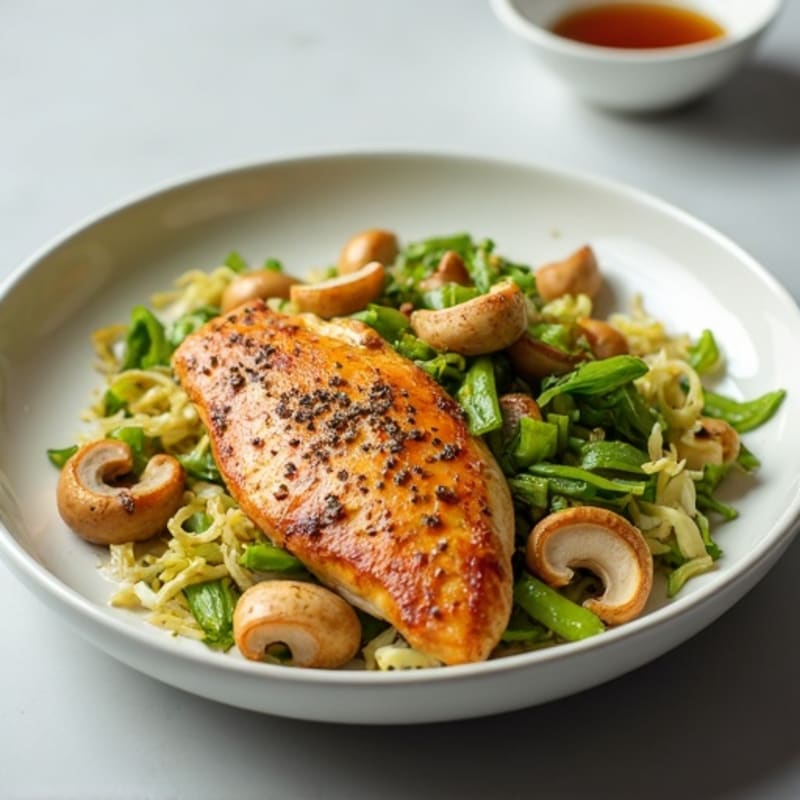 Pan-Seared Chicken with Sautéed Cabbage and Enoki Mushrooms