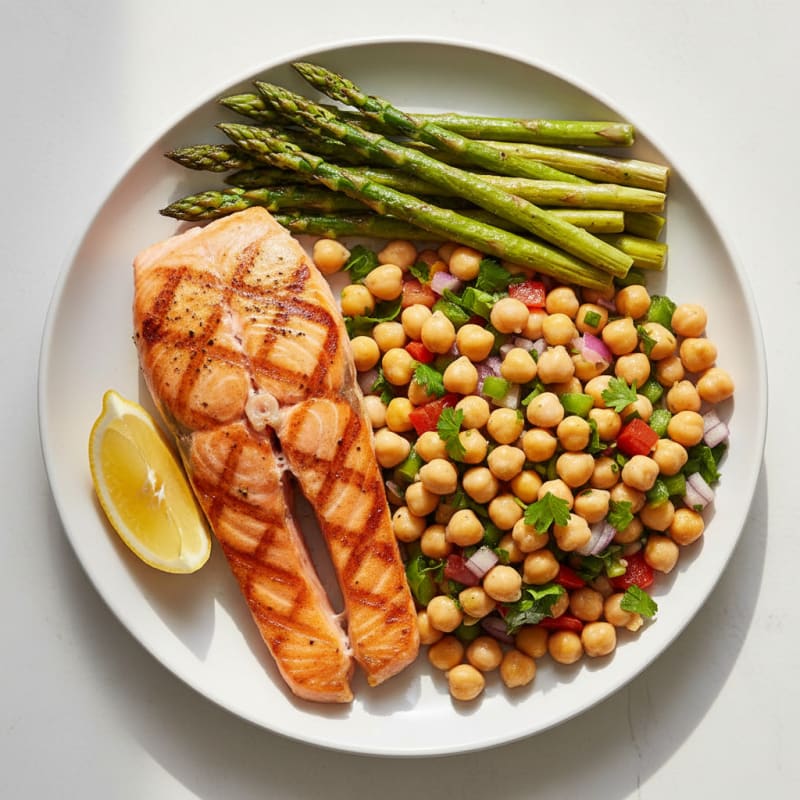Seared Salmon Fillet with Roasted Asparagus and Chickpea Salad