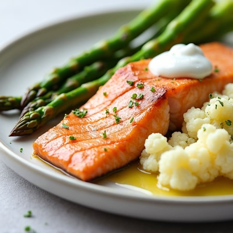 Seared Salmon Fillet with Steamed Asparagus and Garlic Mashed Cauliflower
