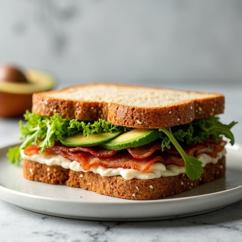 Crispy Turkey Bacon Whole Grain Sandwich with Fresh Greens and Avocado