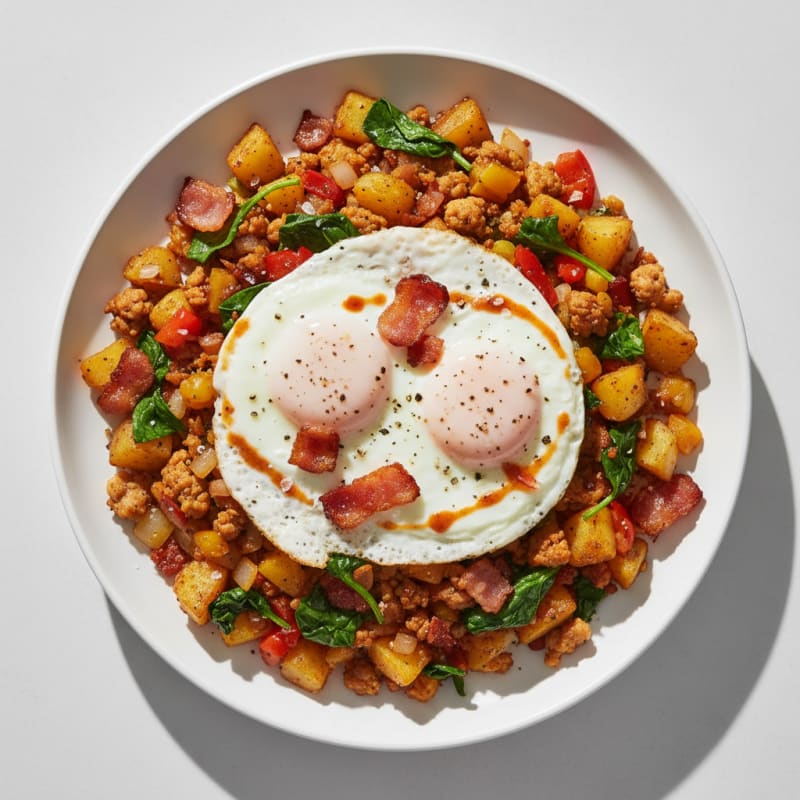 Crispy Golden Hash with Eggs and Bacon