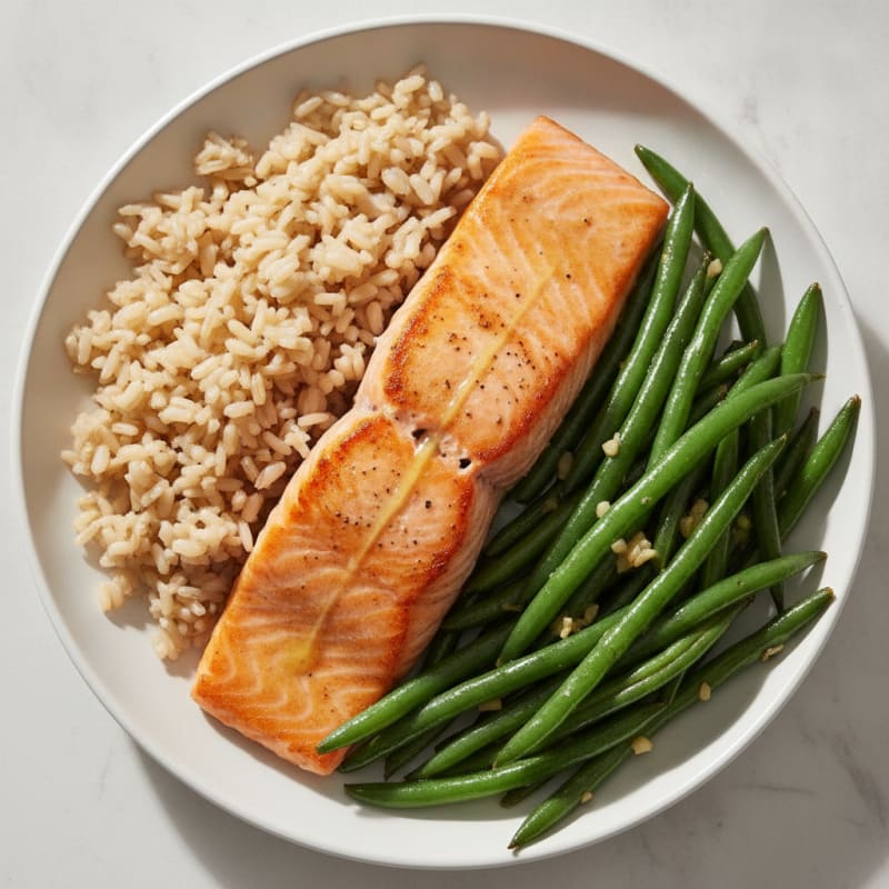 Seared Salmon with Garlic Green Beans and Brown Rice