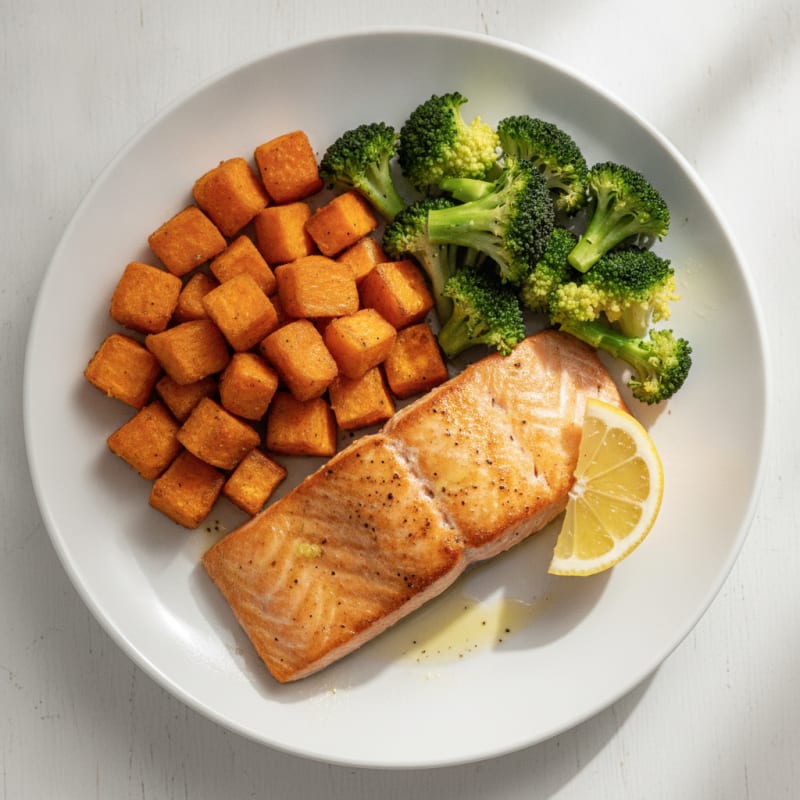 Seared Salmon with Roasted Sweet Potato and Steamed Broccoli