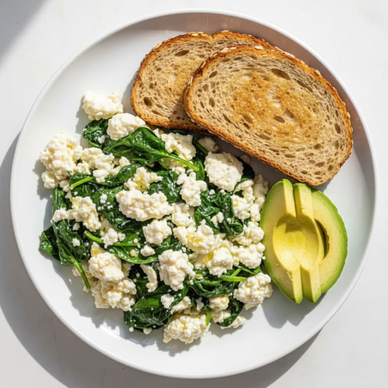 Egg White and Cottage Cheese Scramble with Sautéed Spinach