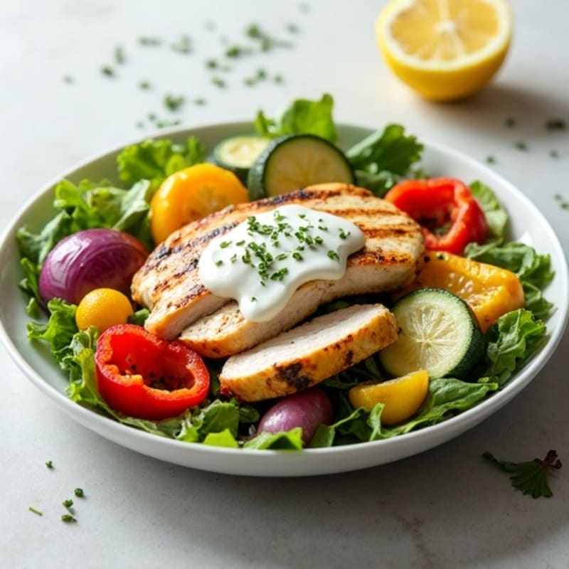 Grilled Chicken and Roasted Vegetable Salad with Creamy Herb Dressing