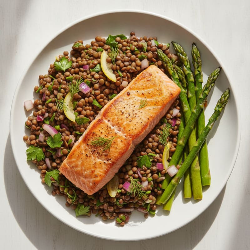Seared Salmon Fillet with Lentil Salad and Roasted Asparagus