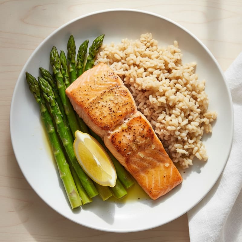 Seared Salmon with Steamed Asparagus and Brown Rice