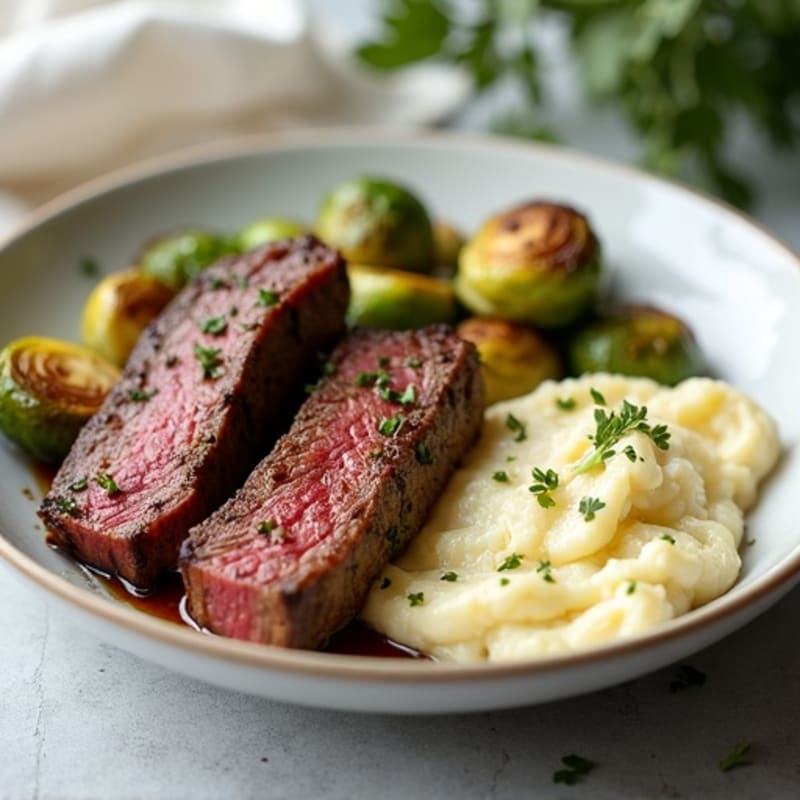 Seared Lean Beef Strips with Roasted Brussels Sprouts and Cauliflower Mash