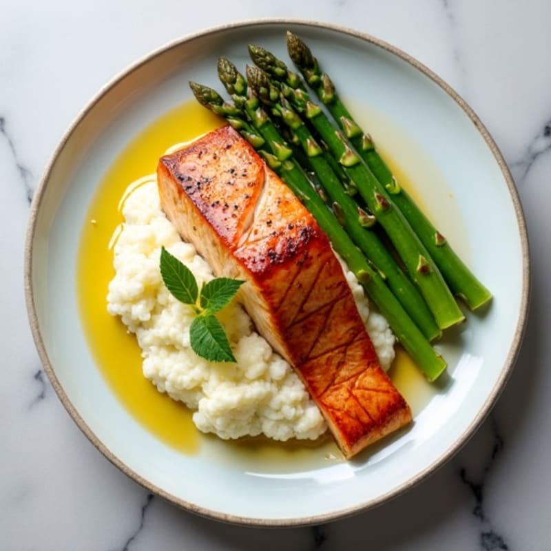 Seared Salmon with Steamed Asparagus and Cauliflower Mash