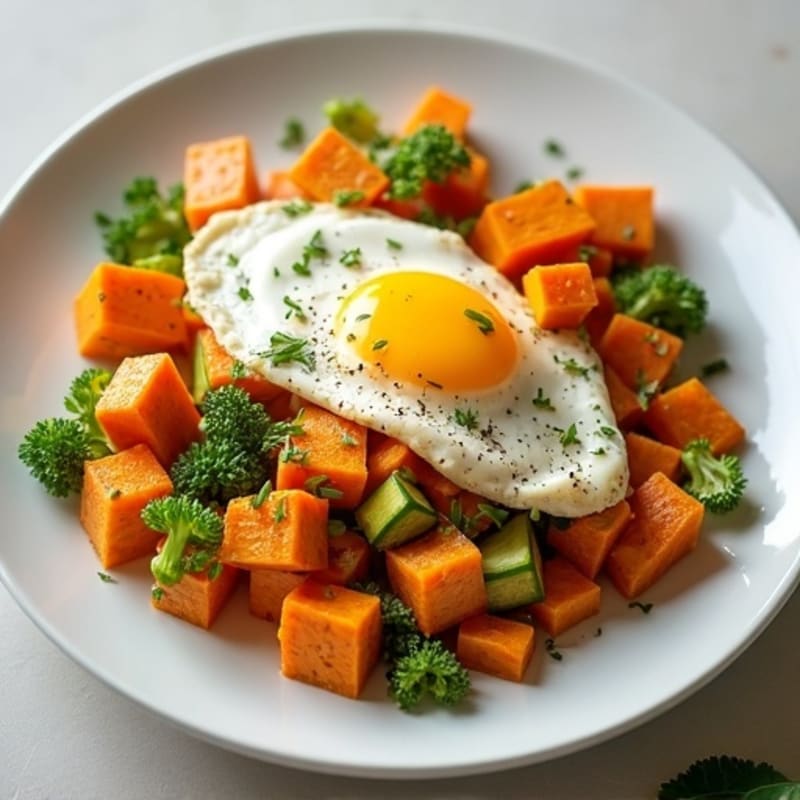 Chicken Egg White Scramble with Roasted Sweet Potato Cubes