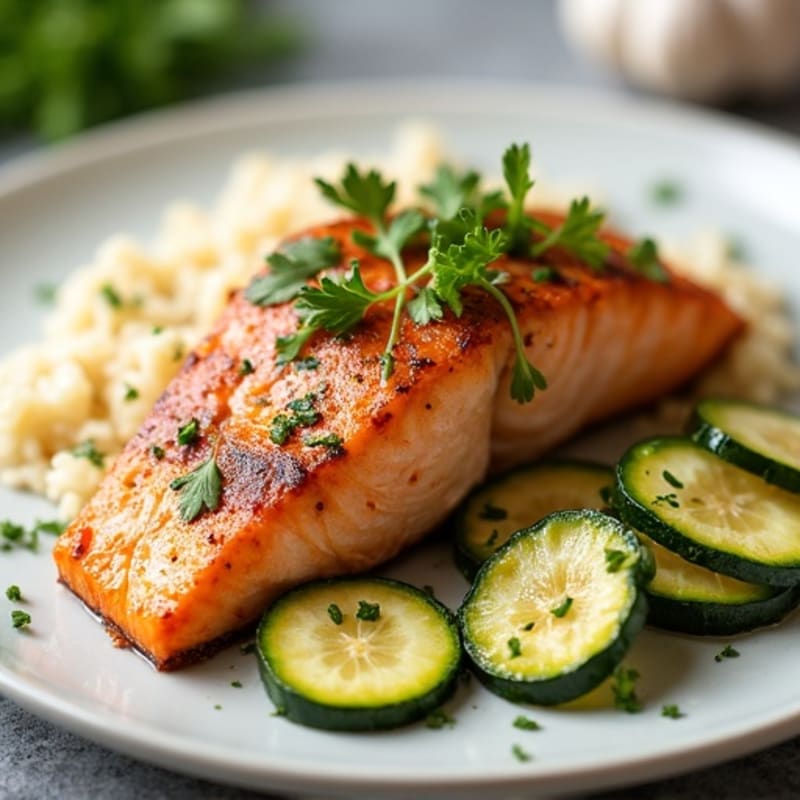 Pan-Seared Salmon with Garlic Rice and Roasted Zucchini