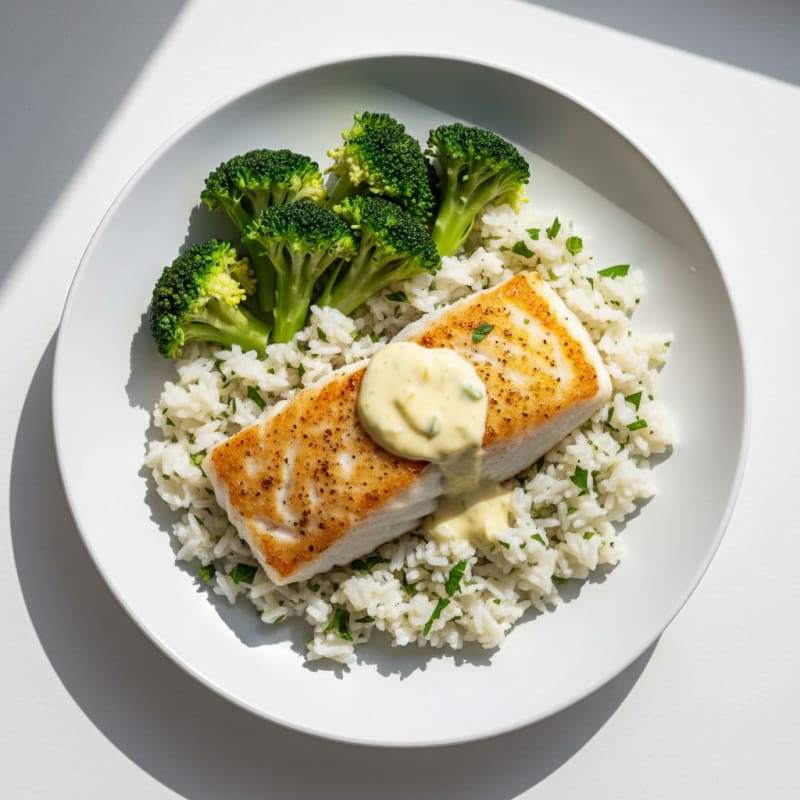 Pan-Seared Cod with Herbed Rice and Steamed Broccoli