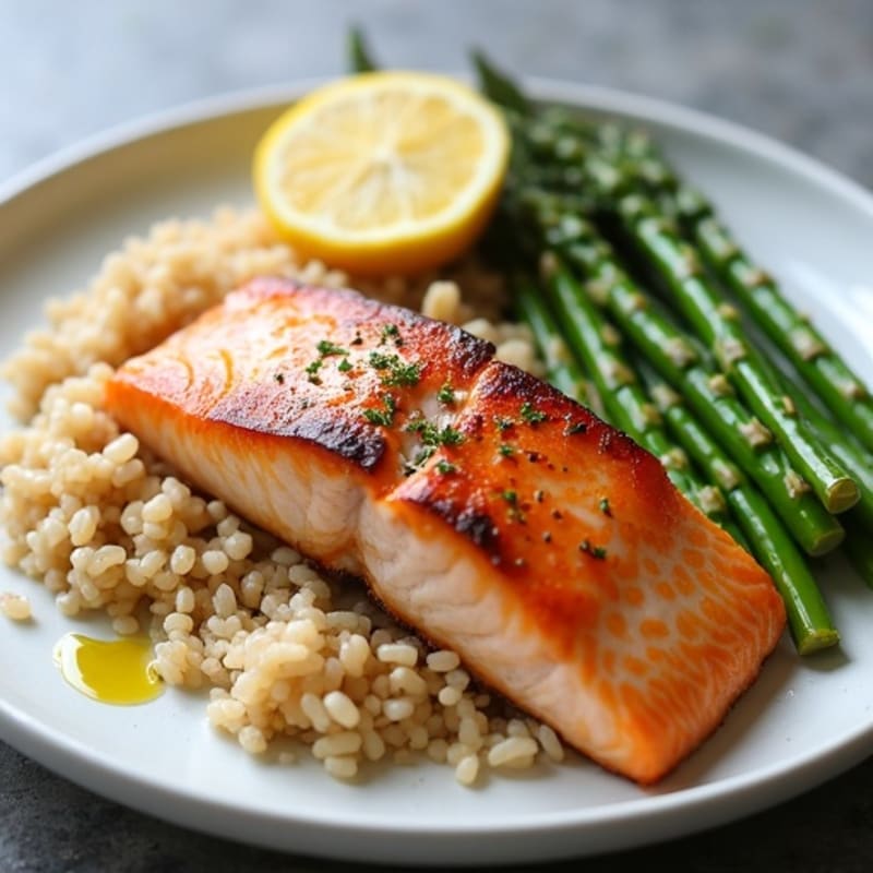 Seared Salmon with Brown Rice and Steamed Asparagus
