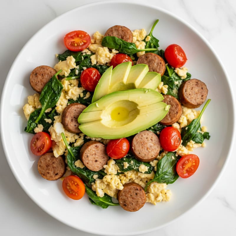 Egg White and Turkey Sausage Scramble with Spinach and Tomatoes