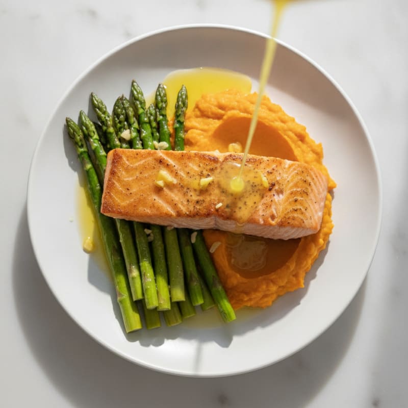 Seared Salmon Fillet with Roasted Asparagus and Sweet Potato Mash