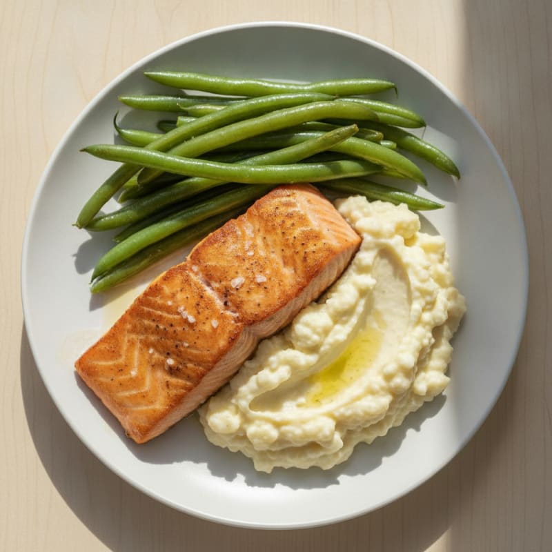 Seared Salmon with Steamed Green Beans and Garlic Mashed Cauliflower