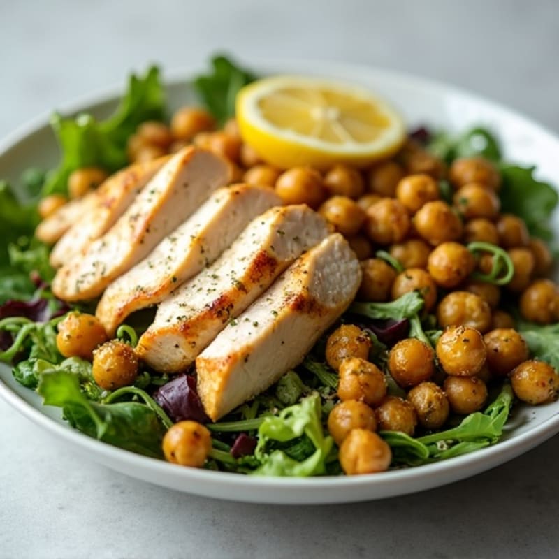 Lemon-Garlic Chicken Salad with Fresh Greens and Crispy Chickpeas