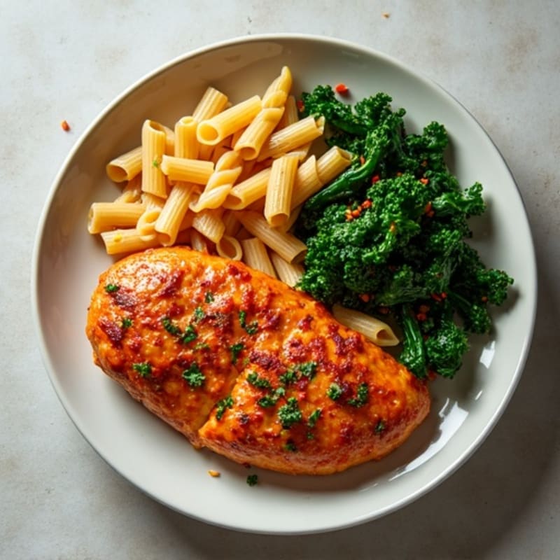 Spicy Paprika Chicken with Creamy Whole Wheat Pasta and Sautéed Greens