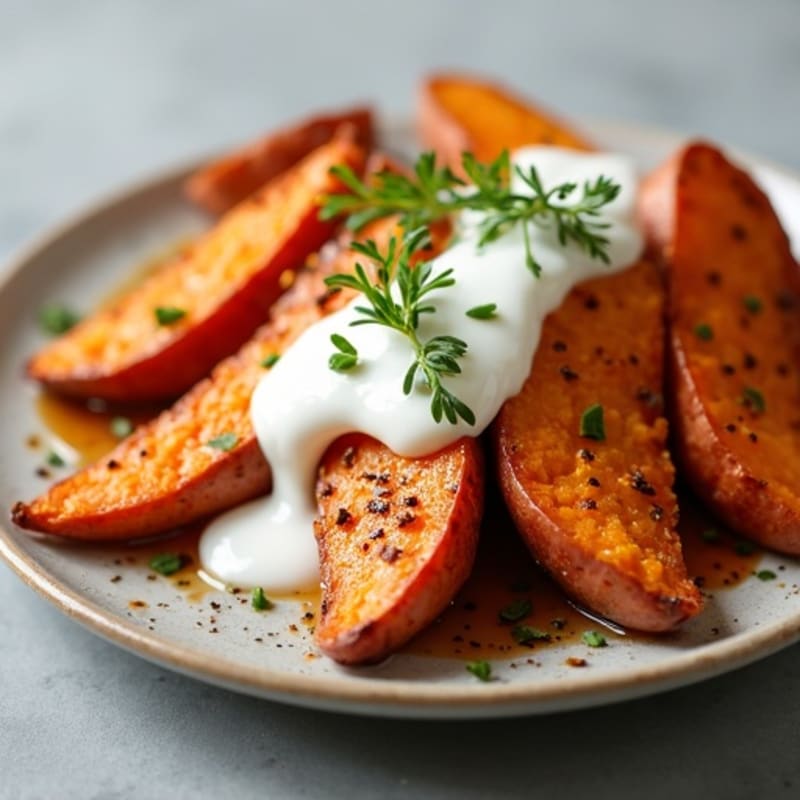 Cinnamon-Maple Roasted Sweet Potato Wedges with Vanilla Yogurt Drizzle