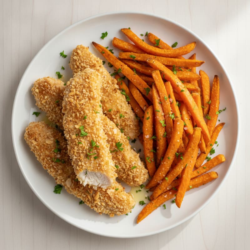 Oven-Baked Chicken Strips with Sweet Potato Fries