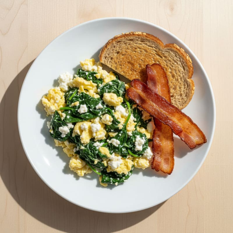 Cottage Cheese Scramble with Spinach and Turkey Bacon
