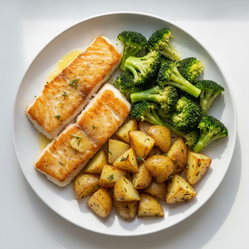 Pan-Seared Fish with Herb Potatoes and Steamed Broccoli