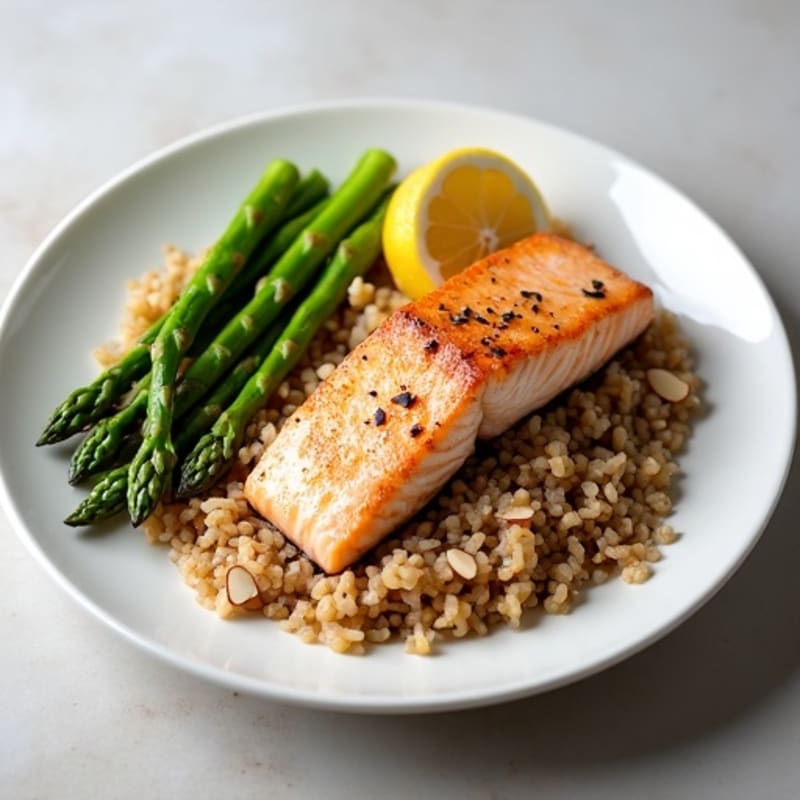 Seared Salmon with Steamed Asparagus and Brown Rice