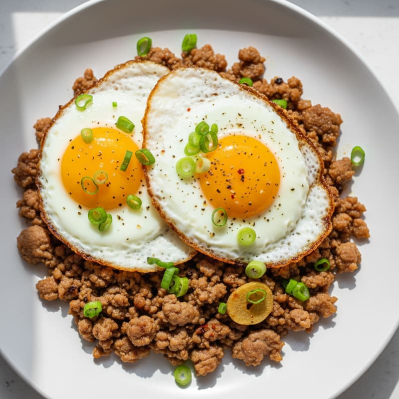 Savory Ground Pork with Golden Fried Eggs