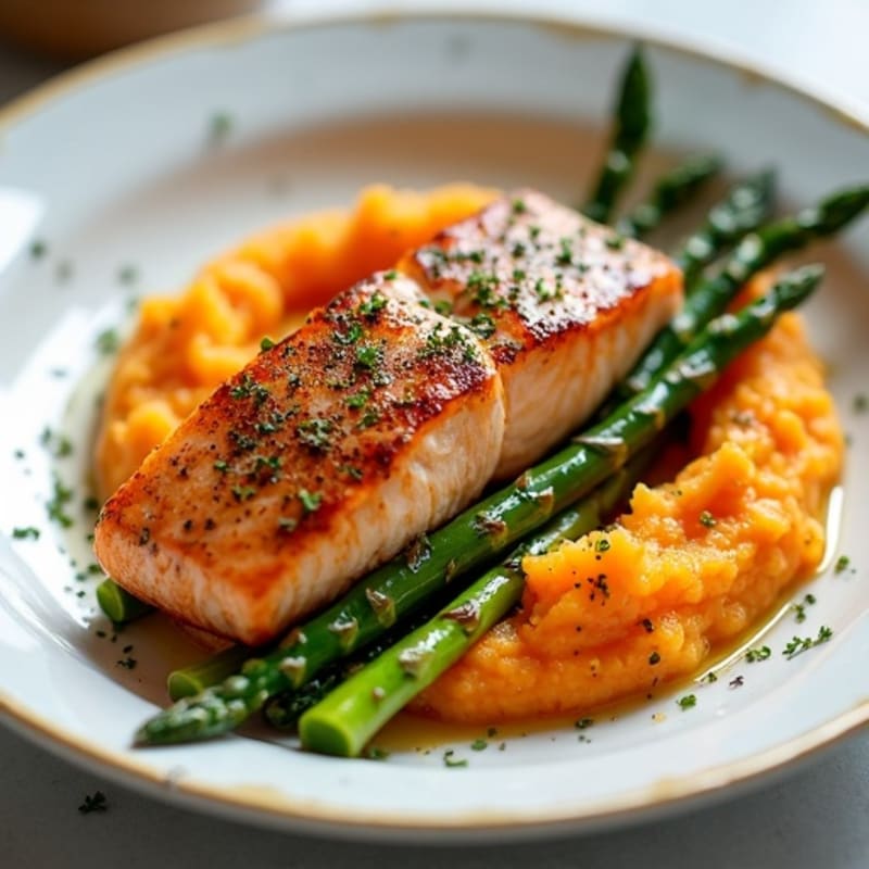 Seared Salmon with Roasted Asparagus and Sweet Potato Mash