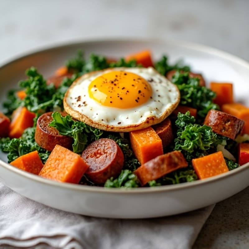 Crispy Roasted Sweet Potato and Chicken Sausage Hash with Sautéed Greens
