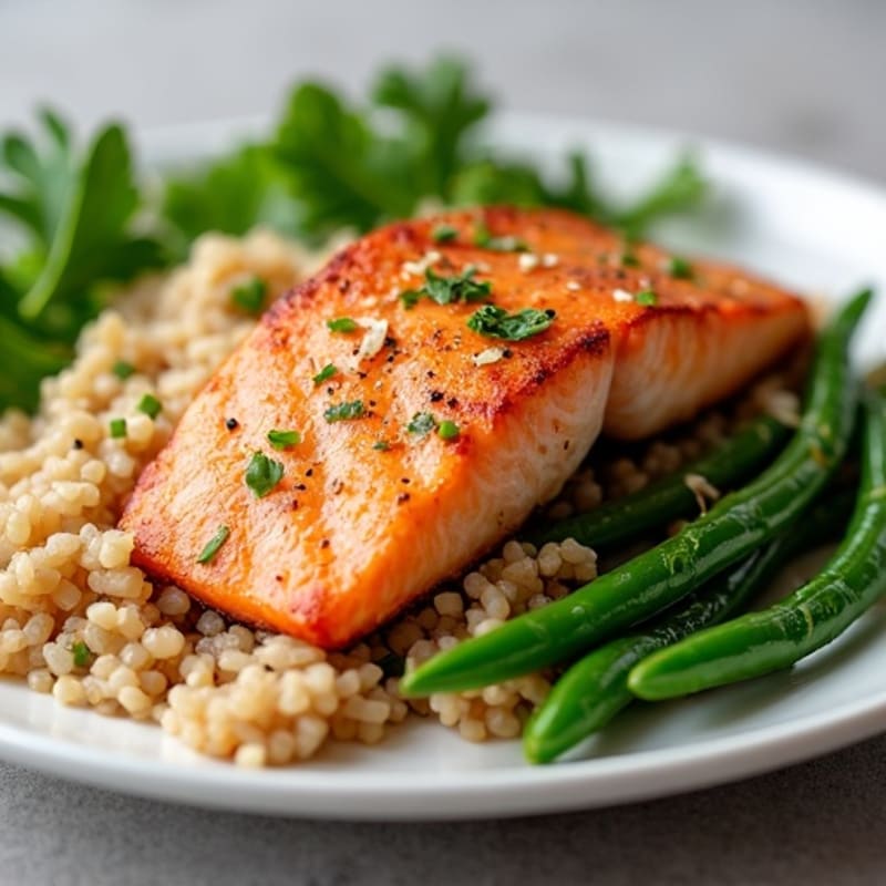 Seared Salmon with Garlic Green Beans and Brown Rice