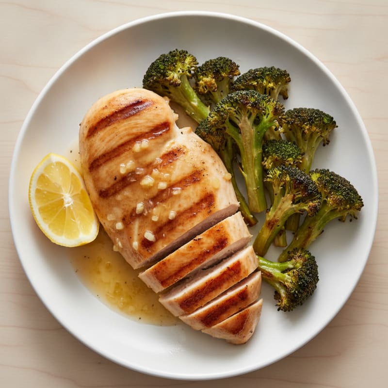 Grilled Chicken Breast with Roasted Broccoli and Lemon