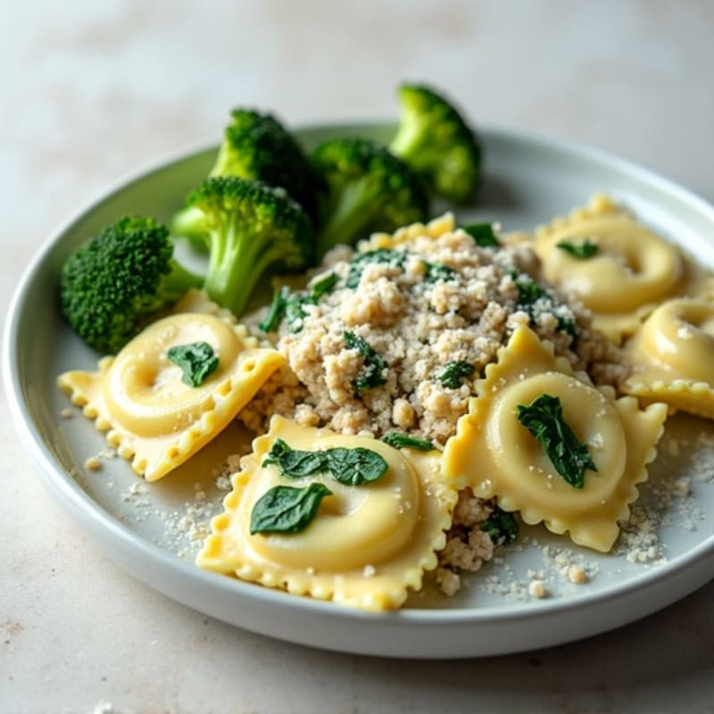 Creamy Spinach Ravioli with Lean Ground Turkey and Garlic-Roasted Broccoli