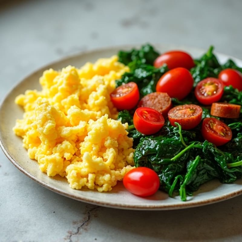 Protein-Packed Scrambled Eggs with Sautéed Greens and Cherry Tomatoes