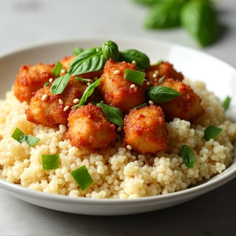 Crispy Sesame Chicken with Basil Stir-Fried Cauliflower Rice