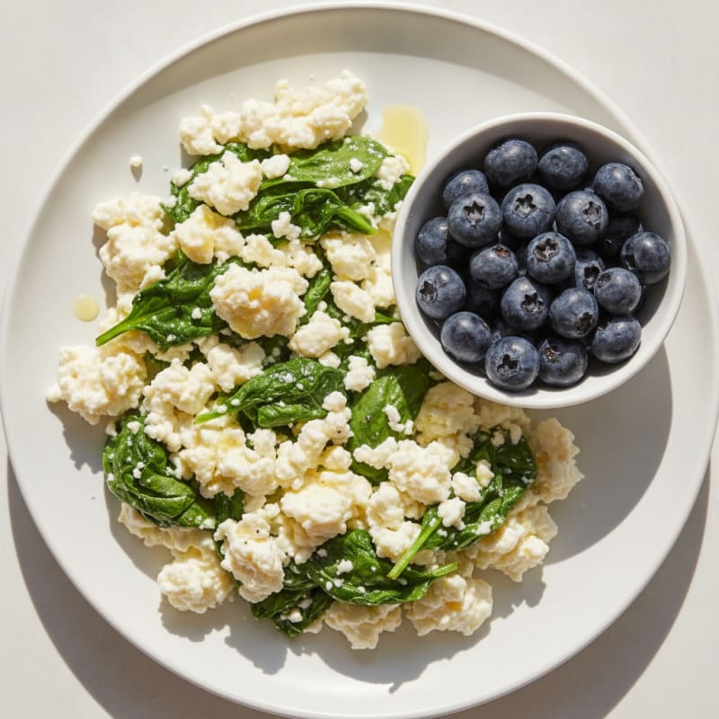 Egg White Spinach Scramble with Cottage Cheese and Fresh Berries