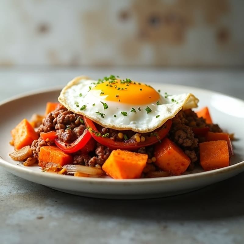 Lean Ground Beef and Crispy Roasted Sweet Potato Hash