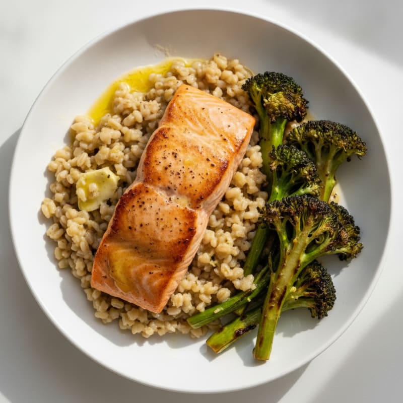 Seared Salmon with Garlic Butter Barley and Roasted Broccoli
