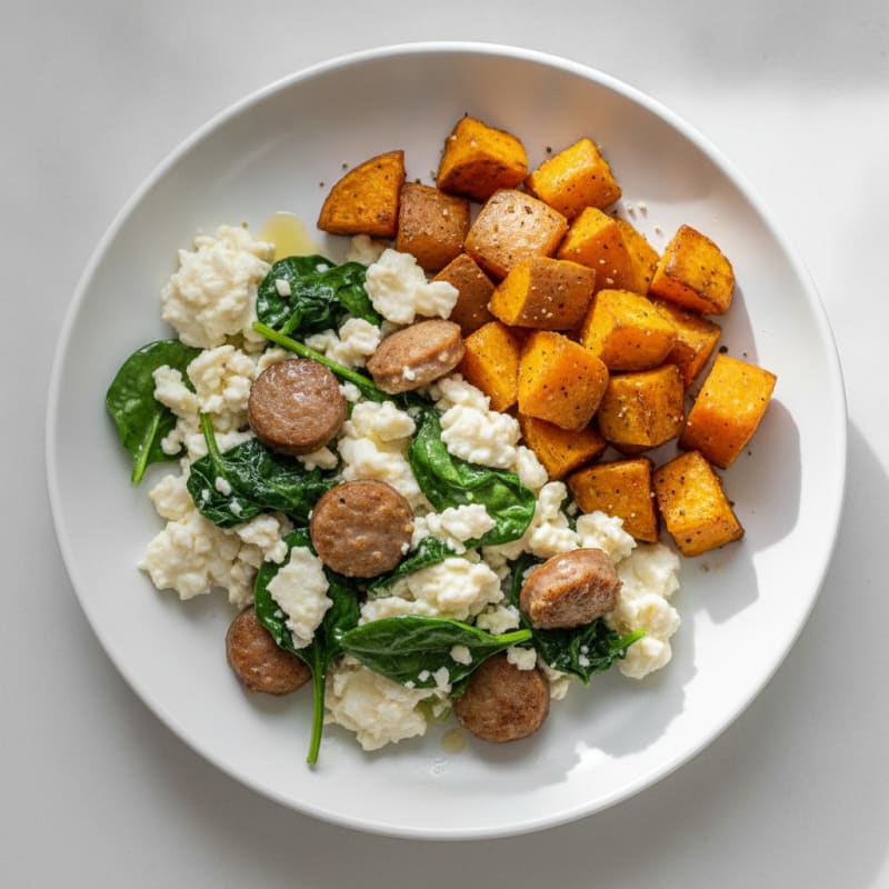 Egg White and Turkey Sausage Scramble with Spinach and Roasted Sweet Potatoes