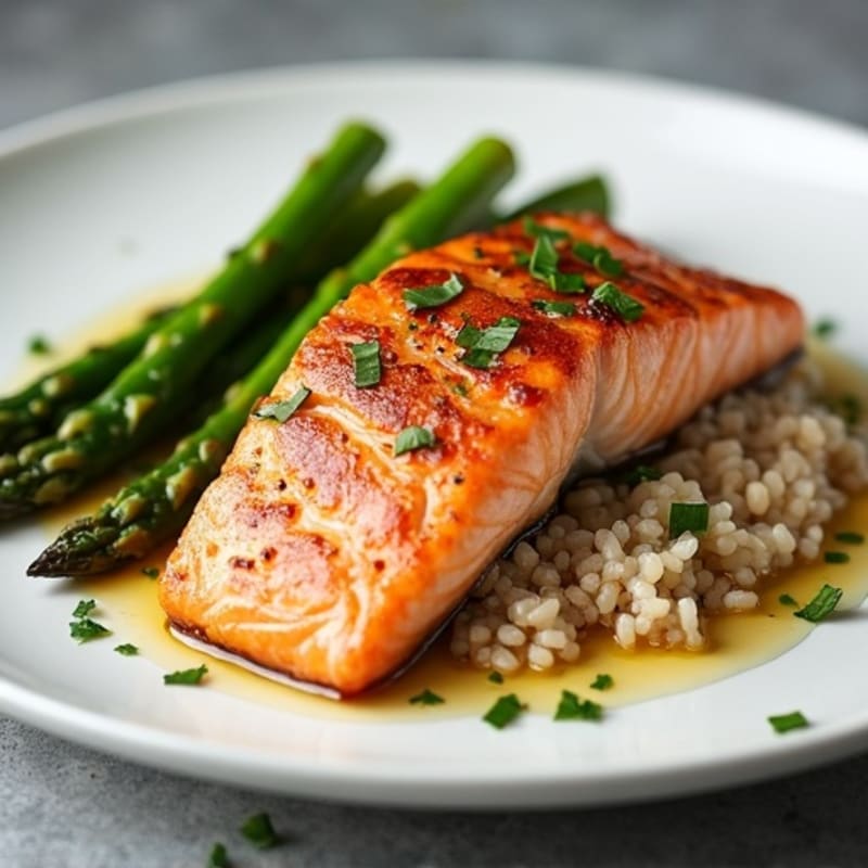 Seared Salmon Fillet with Steamed Asparagus and Brown Rice